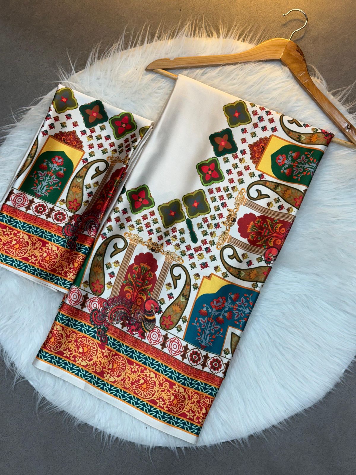 Royal Mughal-Inspired Multicolor Printed Saree - White