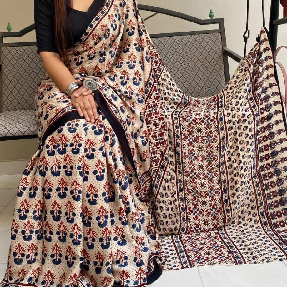 Designer Beige Ajrakh Pattern Saree with Ethnic Floral Prints