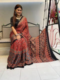 Designer Red and Black Ajrakh Print Saree with Traditional Motifs & Contrast Border
