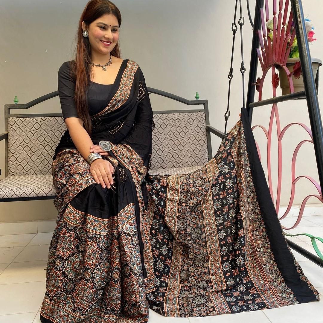 Minimalist Ajrakh Modal Silk Saree – Black & Ivory Tones