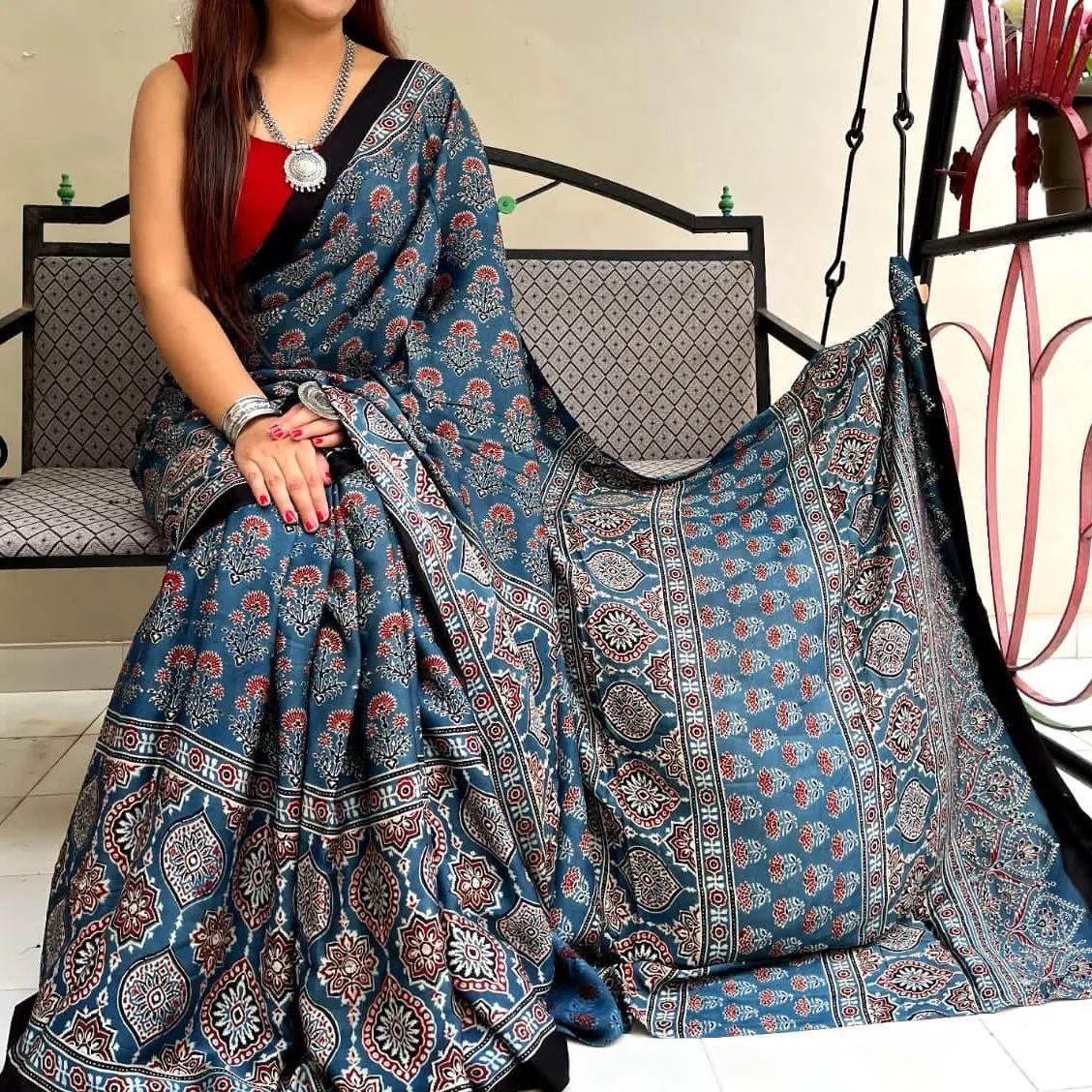 Ajrakh Printed Modal Silk Saree – Timeless Elegance