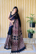 Dark Blue Ajrakh Printed Cottonsilk Saree