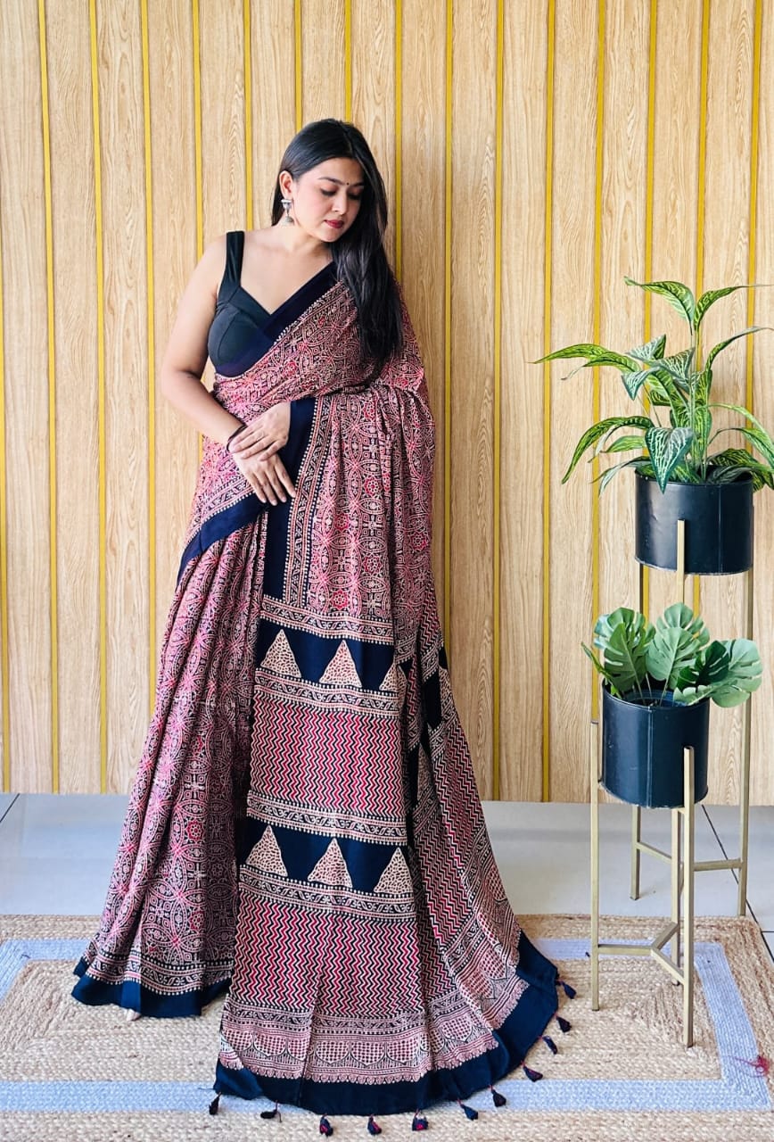 Elegant Ajrakh Print Cotton silk Saree with Navy Blue Border