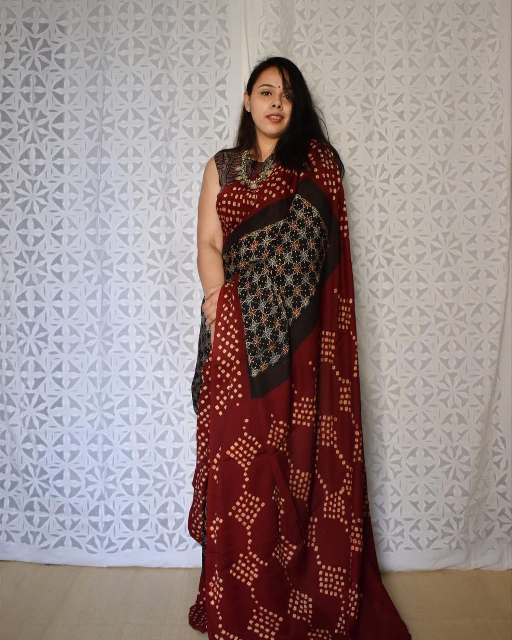 Artisanal Maroon Ajrakh Saree
