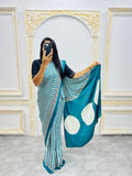 Teal Blue Designer Saree with Stripes and Bold Circular Print Border