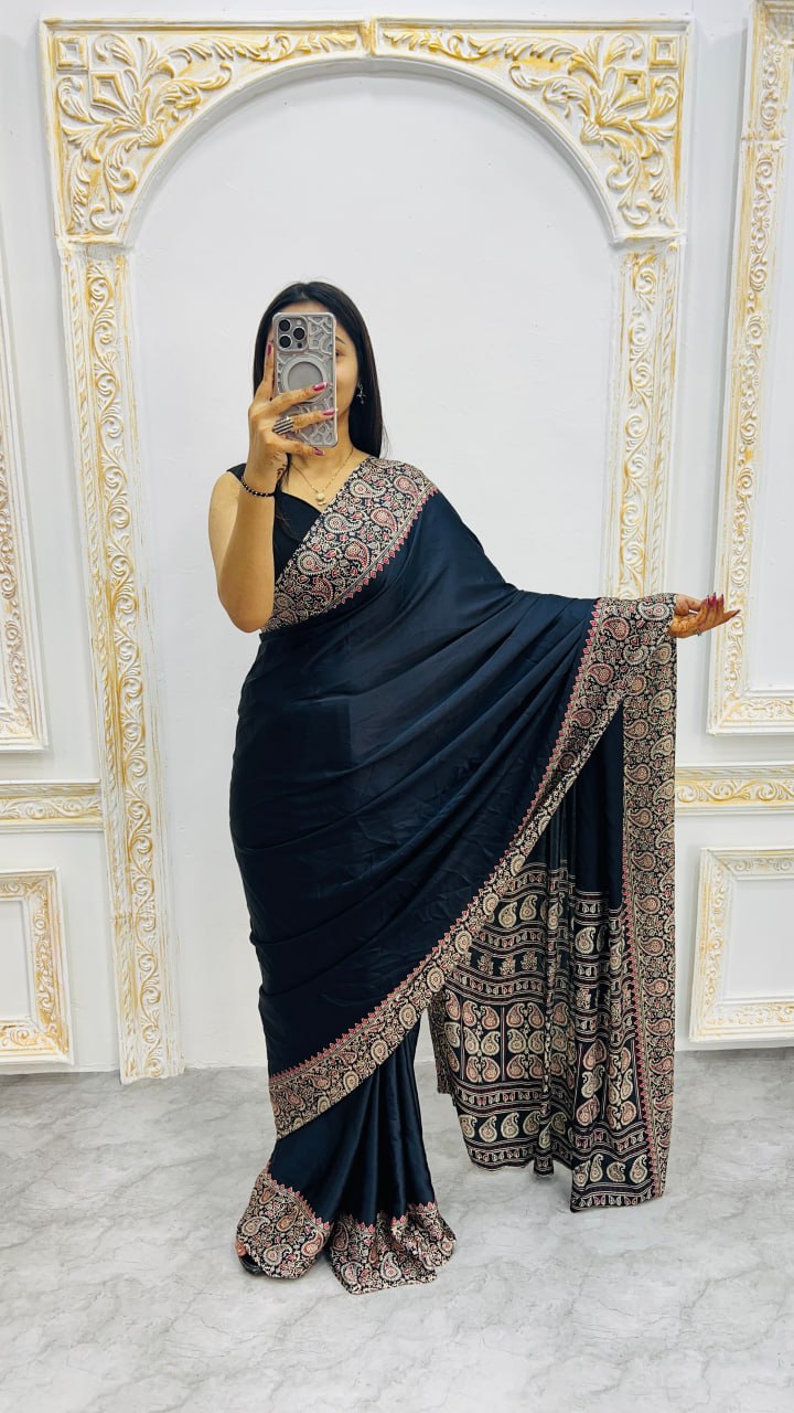 Black Ajrakh Print Saree for Festive & Ethnic Wear