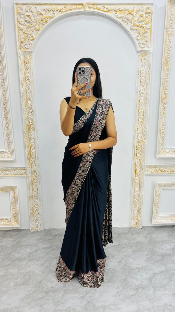 Black Ajrakh Print Saree for Festive & Ethnic Wear