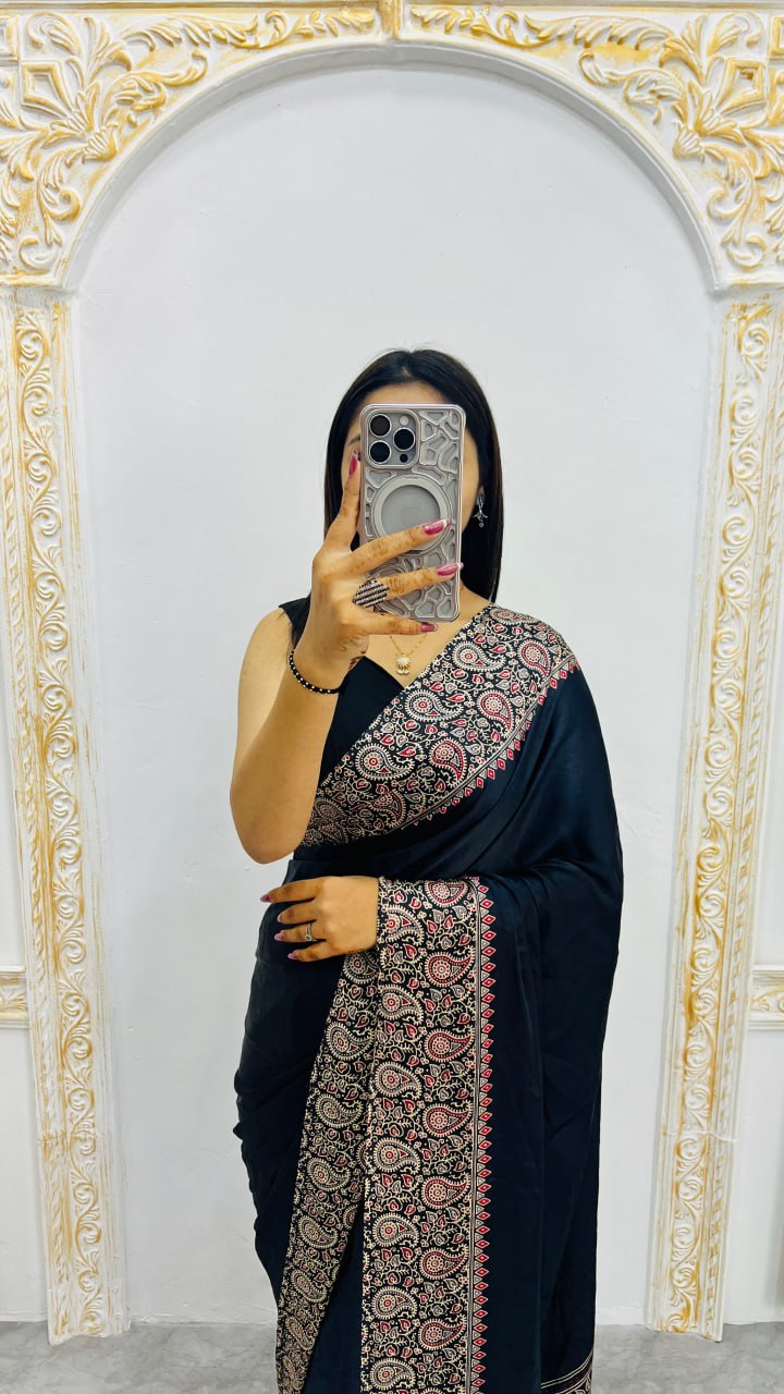 Black Ajrakh Print Saree for Festive & Ethnic Wear