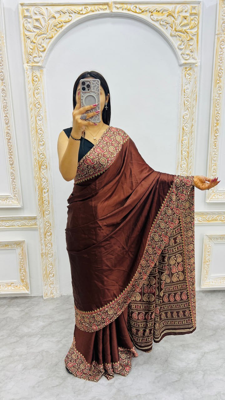 Premium Brown Ajrakh Print Saree – Traditional Ethnic Elegance
