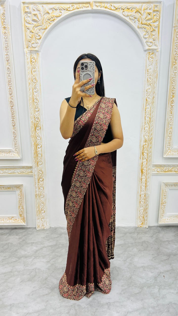 Premium Brown Ajrakh Print Saree – Traditional Ethnic Elegance