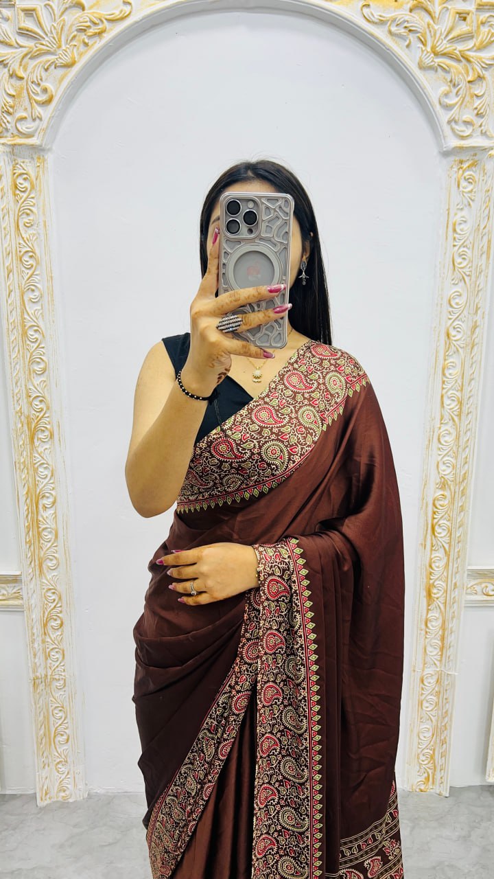 Premium Brown Ajrakh Print Saree – Traditional Ethnic Elegance