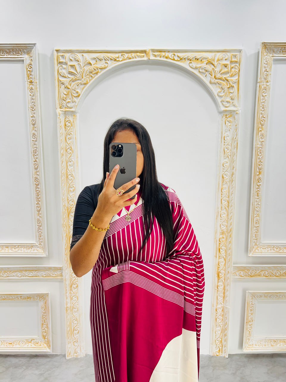 Chery & White Saree with Bold White Circle Pallu – Modern Designer Look