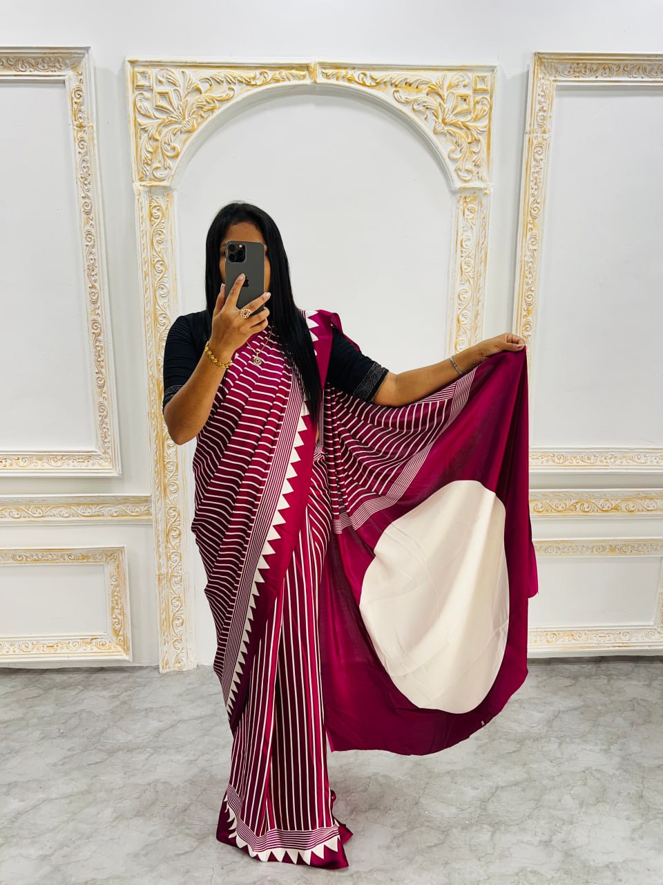 Chery & White Saree with Bold White Circle Pallu – Modern Designer Look