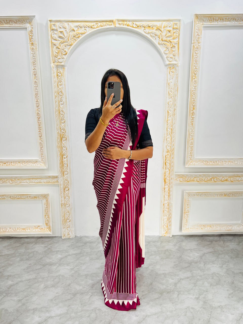 Chery & White Saree with Bold White Circle Pallu – Modern Designer Look