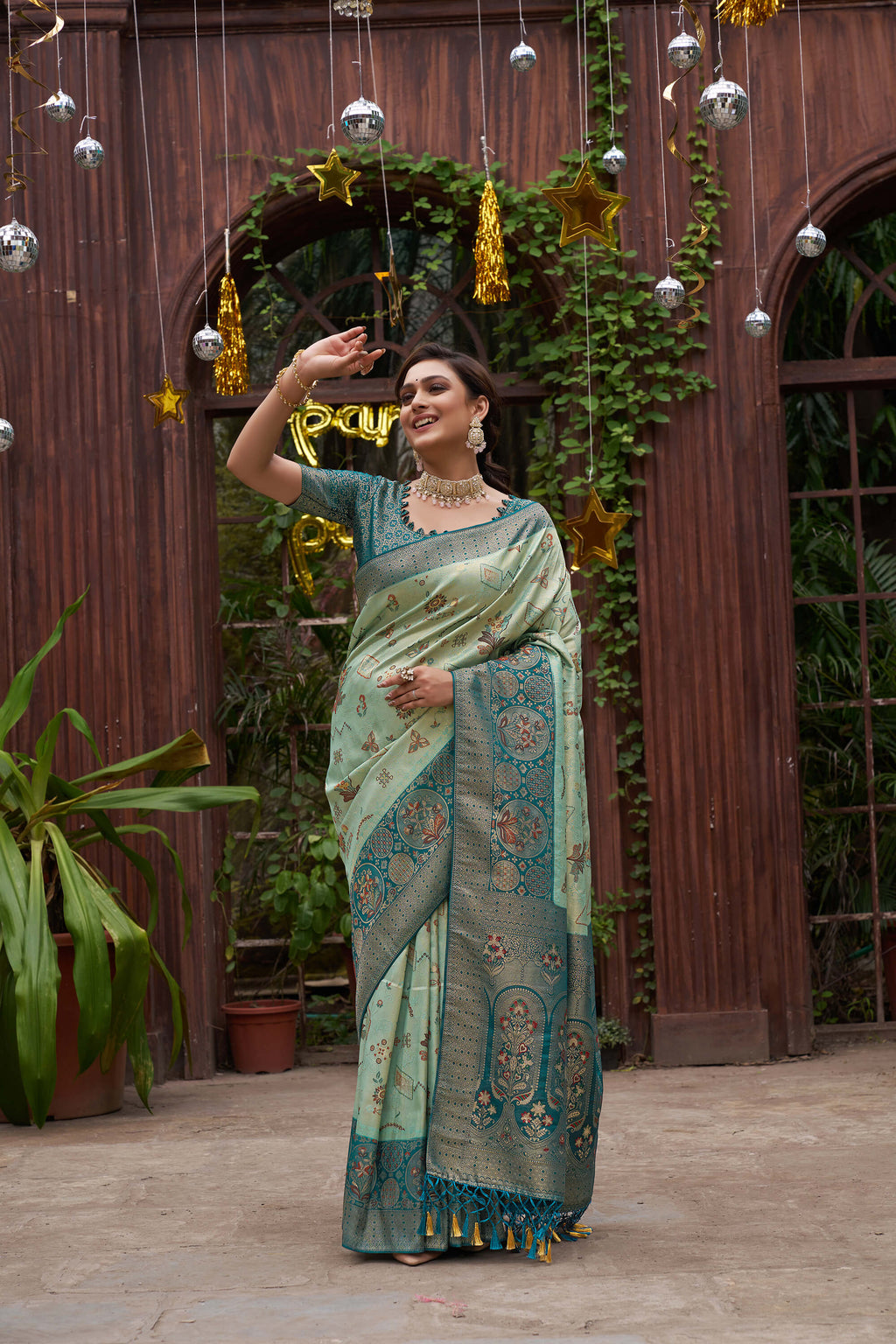 Elegant Pista Kanjivaram Silk Saree with Teal Zari Border & Traditional Motifs