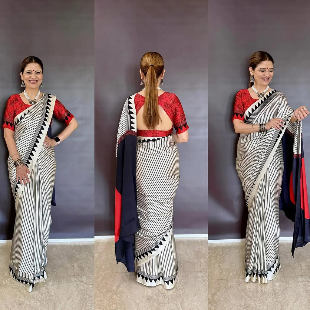 Exclusive Black, Red & White Stripe Ajrakh Semi Gajji Saree