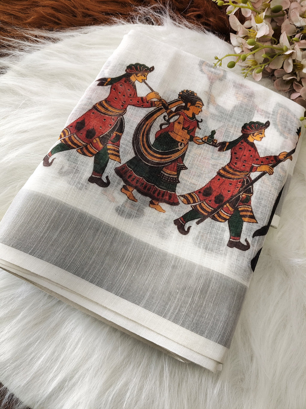 White Linen Saree with Ethnic Tribal and Elephant Print