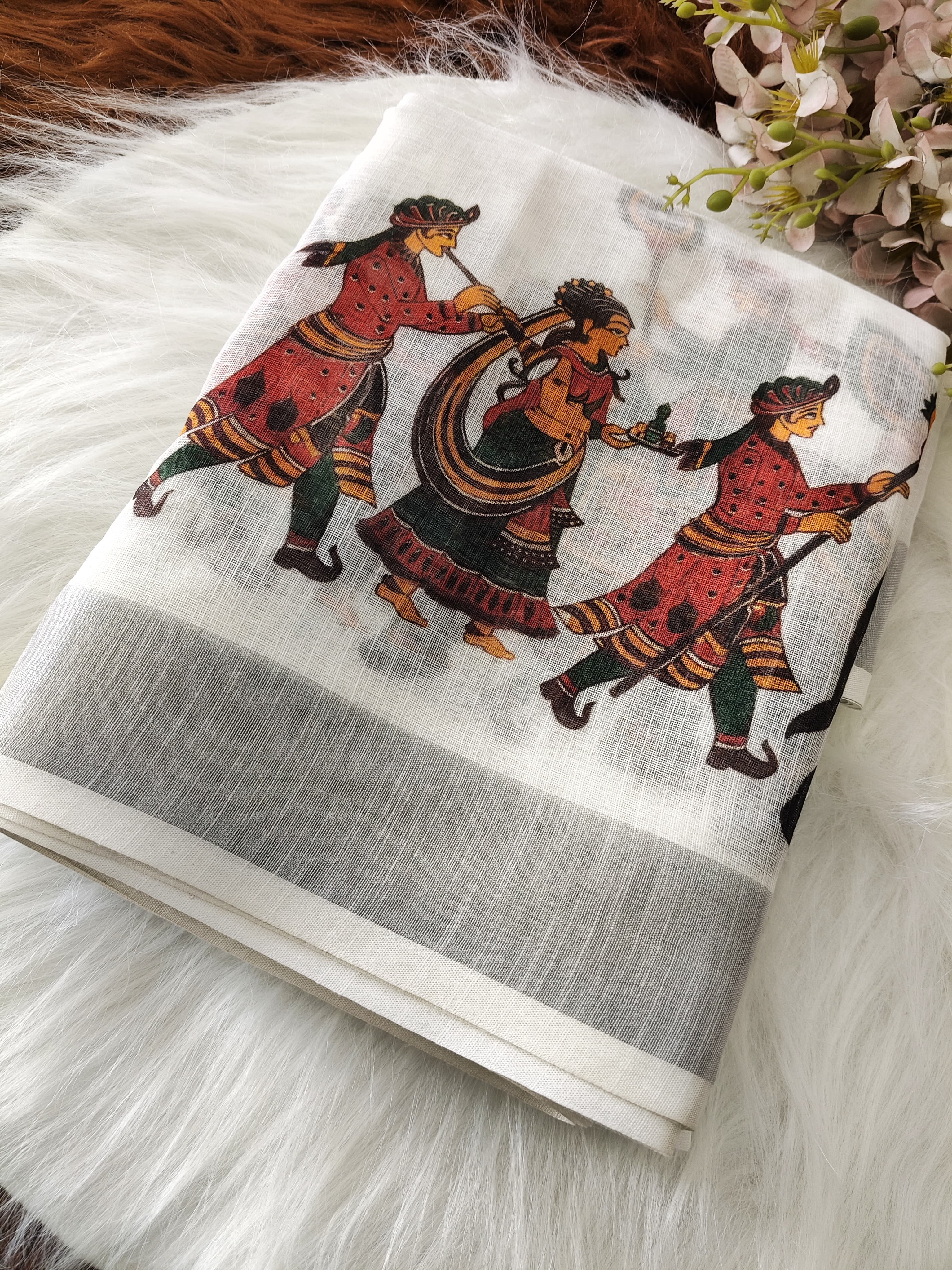 White Linen Saree with Ethnic Tribal and Elephant Print