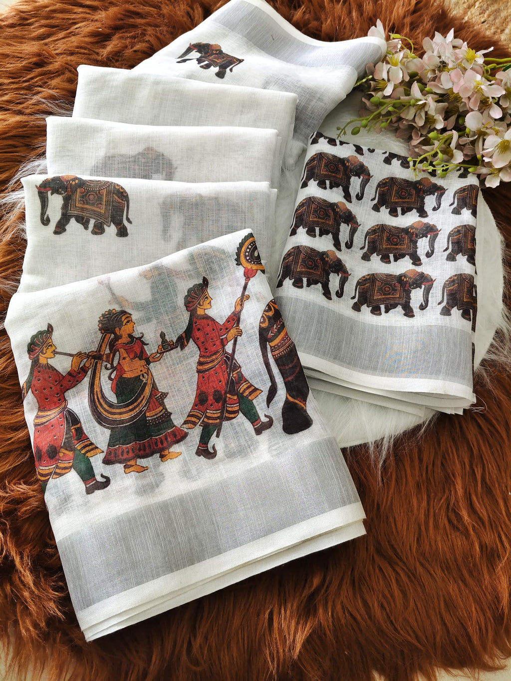 White Linen Saree with Ethnic Tribal and Elephant Print