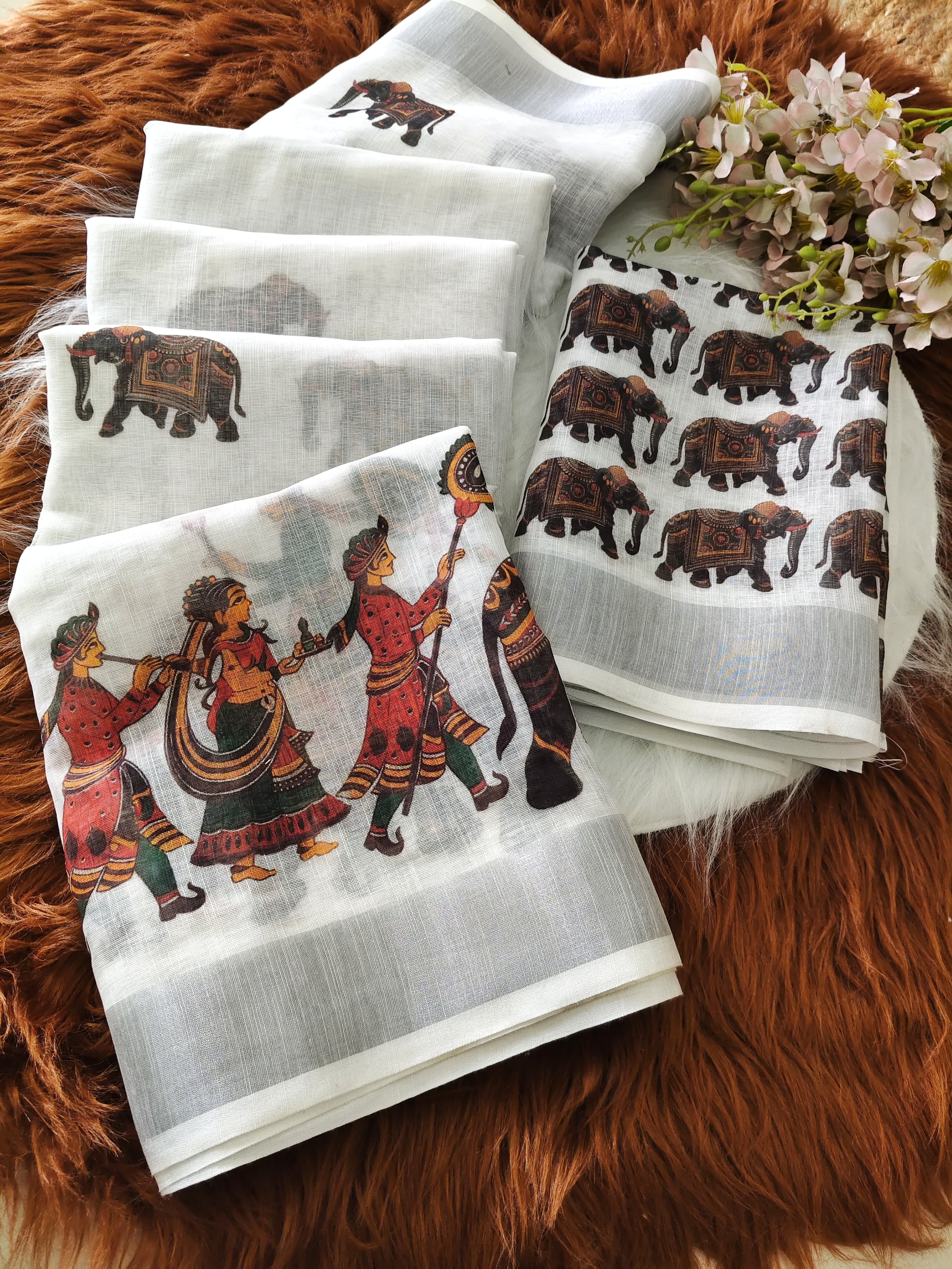 White Linen Saree with Ethnic Tribal and Elephant Print