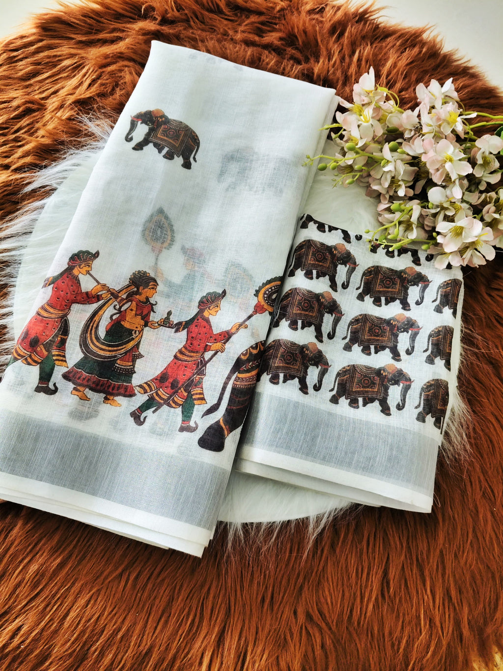 White Linen Saree with Ethnic Tribal and Elephant Print