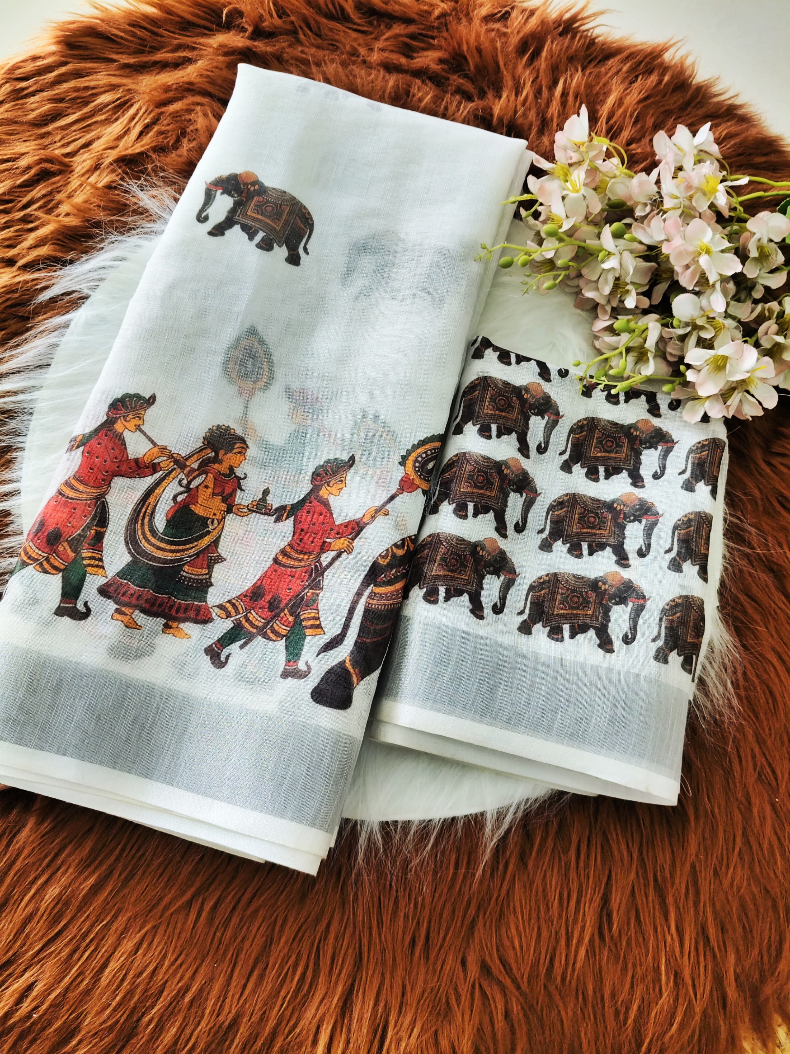 White Linen Saree with Ethnic Tribal and Elephant Print