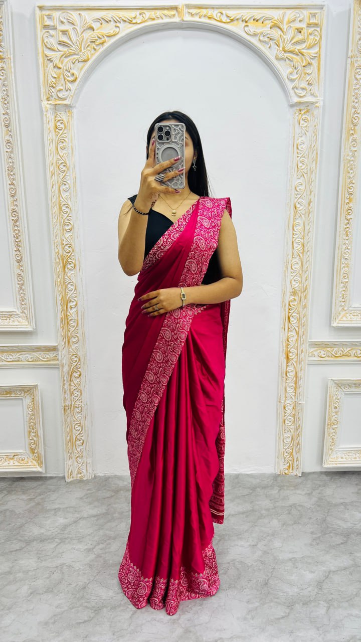 Magenta Pink Ajrakh Print Premium Saree – Festive Ethnic Wear