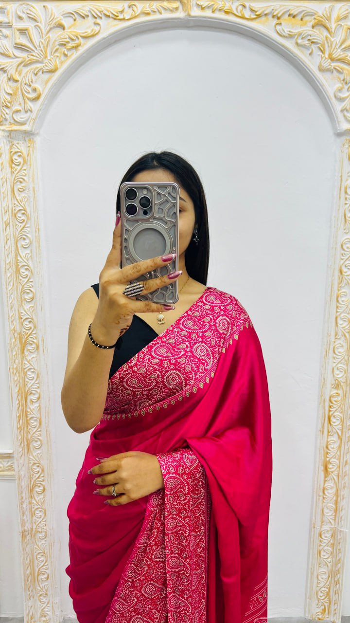 Magenta Pink Ajrakh Print Premium Saree – Festive Ethnic Wear