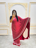 Maroon & White Saree with Bold White Circle Pallu – Modern Designer Look