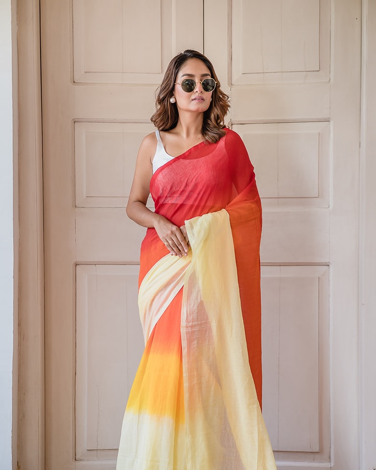 Red, Orange & Yellow Ombre Linen Saree – Gradient Dyed Elegance