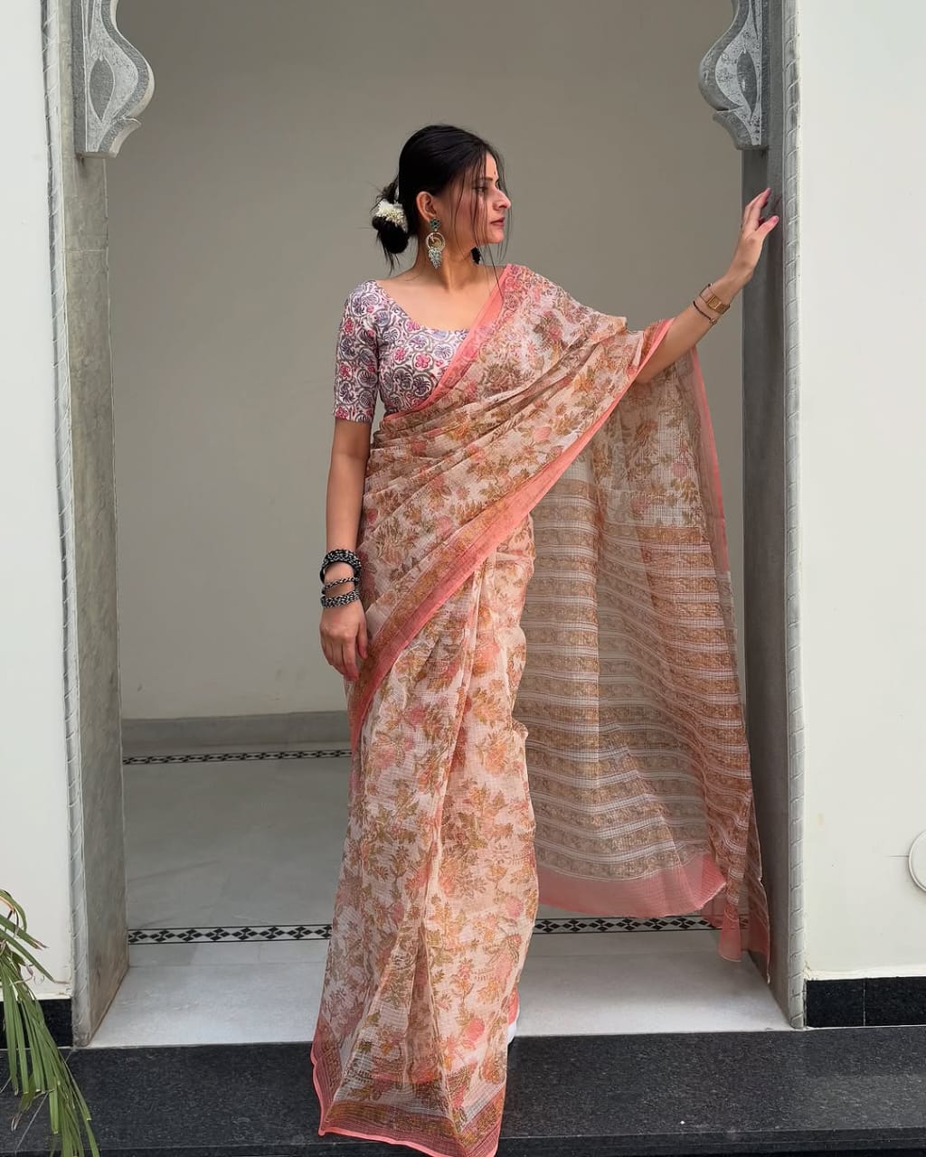 Soft Linen Saree with Pastel Floral Print and Peach Border