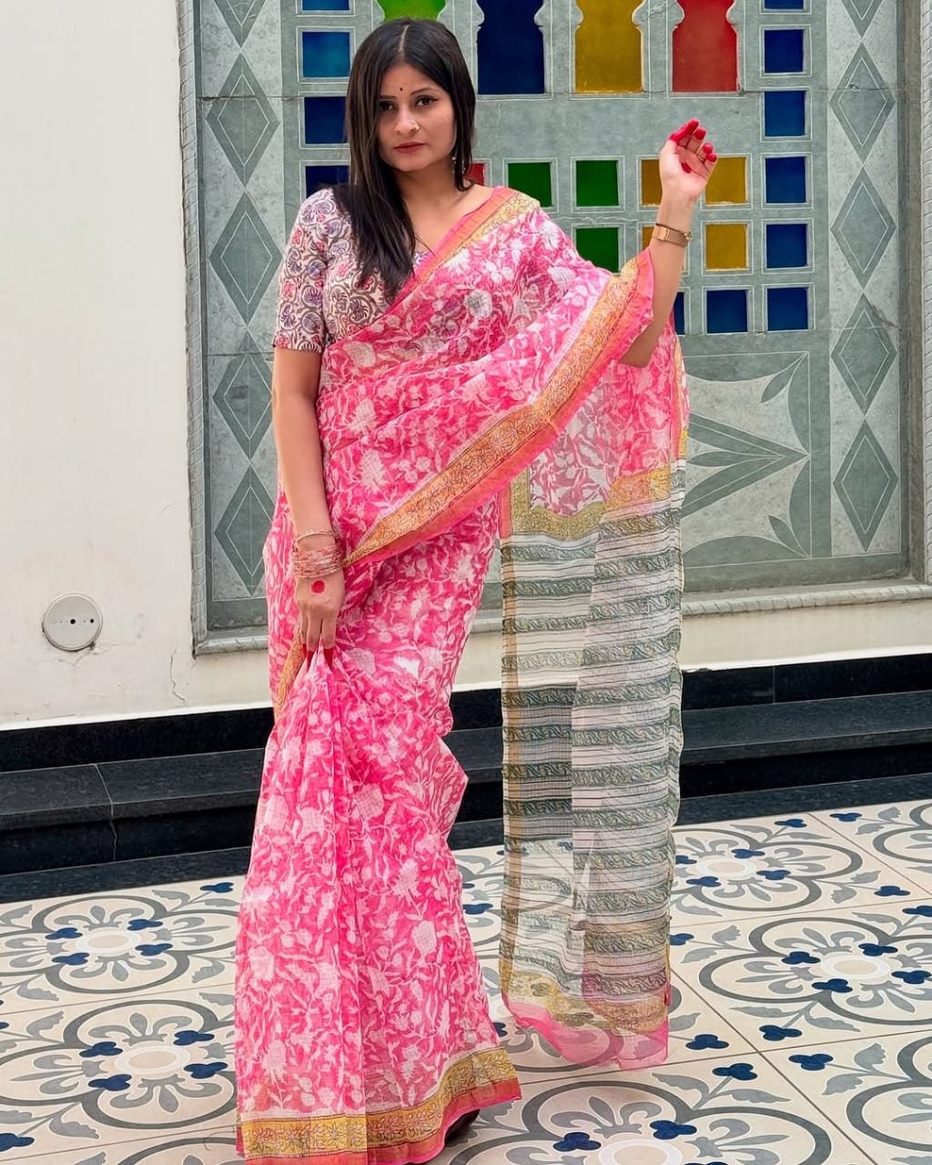 Vibrant Pink Linen Saree with Golden Border and Digital Floral Print