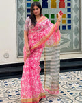 Vibrant Pink Linen Saree with Golden Border and Digital Floral Print