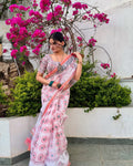 Pastel Pink Linen Saree with Sunflower Digital Print and Contrast Border