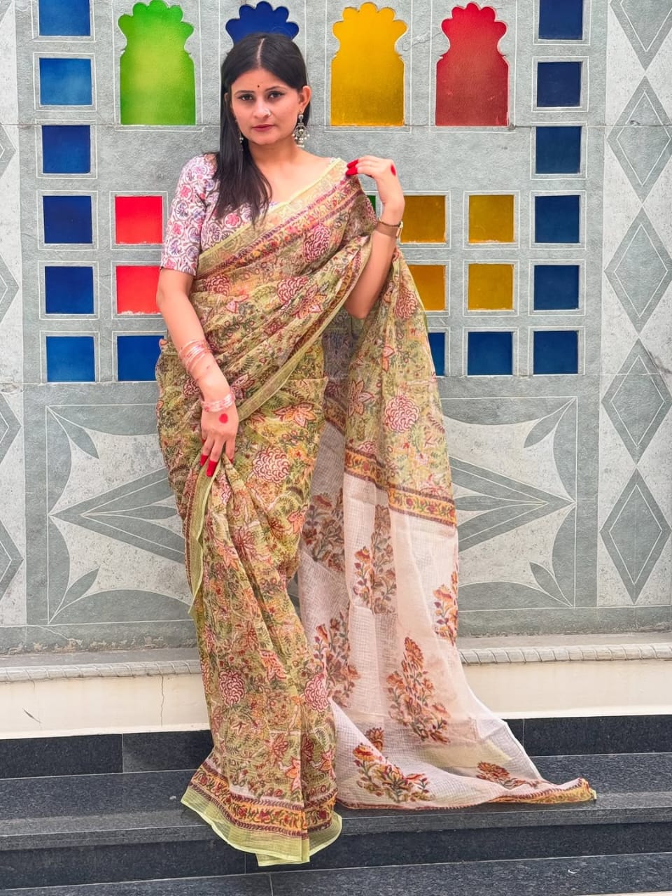 Olive Green Linen Saree with Intricate Floral Digital Print and Contrast Pallu