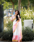 Classic White Linen Saree with Pink Border and Golden Zari Accent
