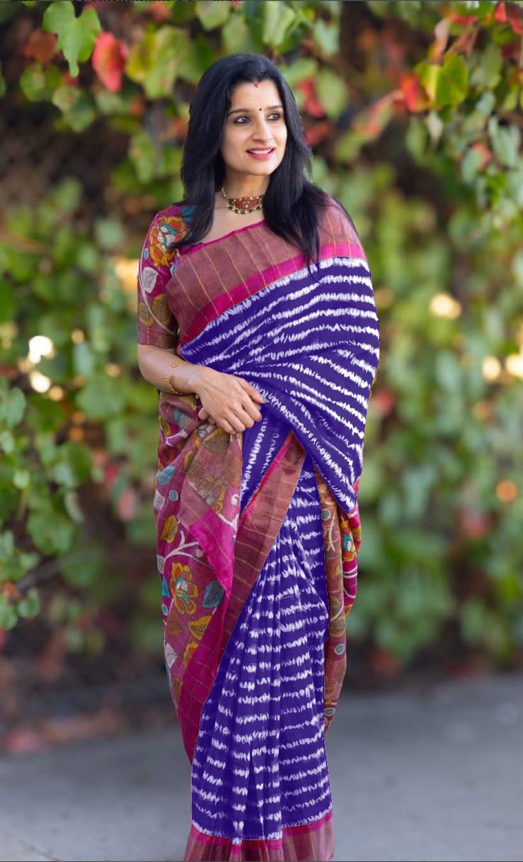 Royal Blue Linen Digital Print Saree with Magenta Pallu