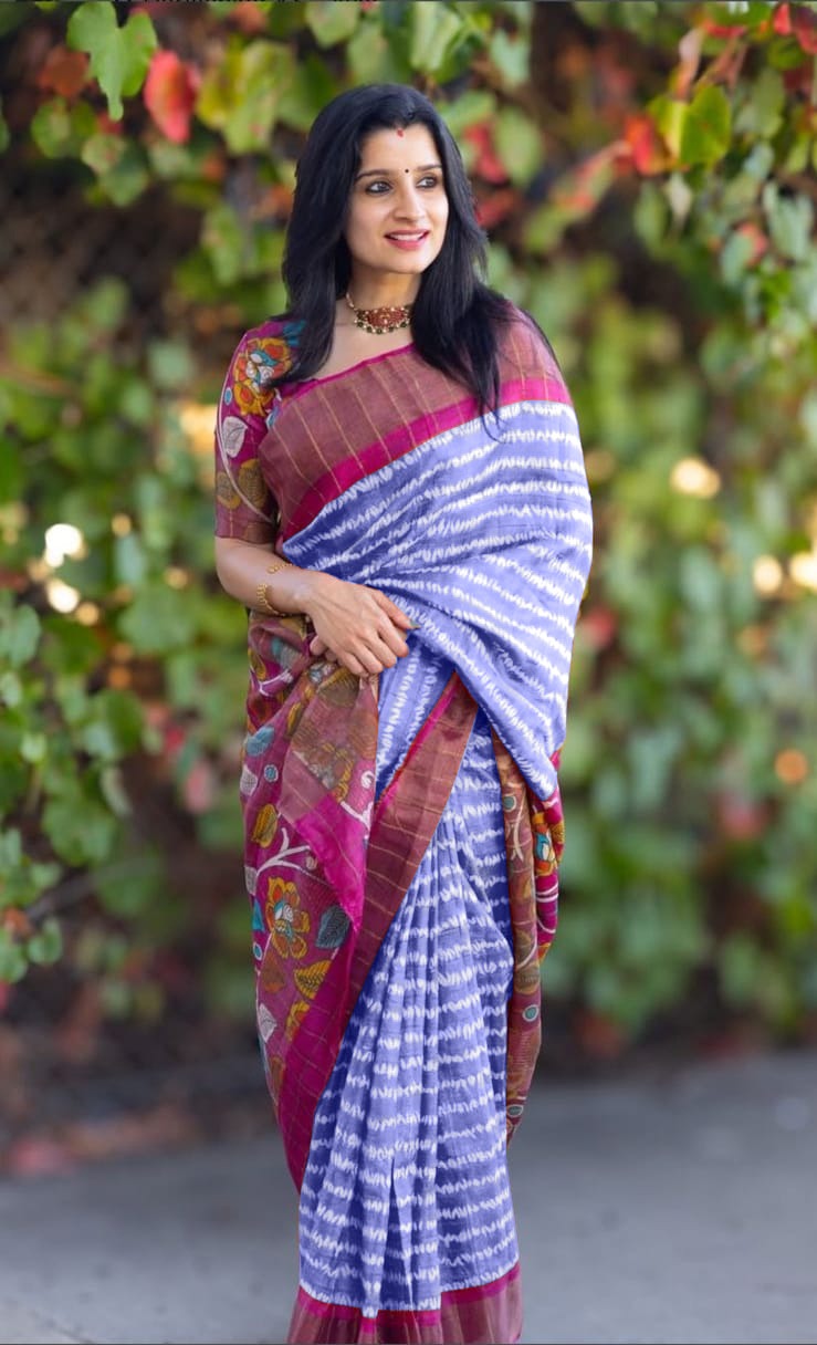 Elegant Light Blue Linen Digital Print Saree with Magenta Pallu