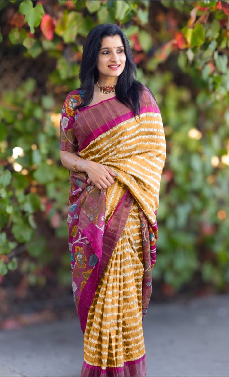 Graceful Yellow Linen Digital Print Saree with Ikat Design
