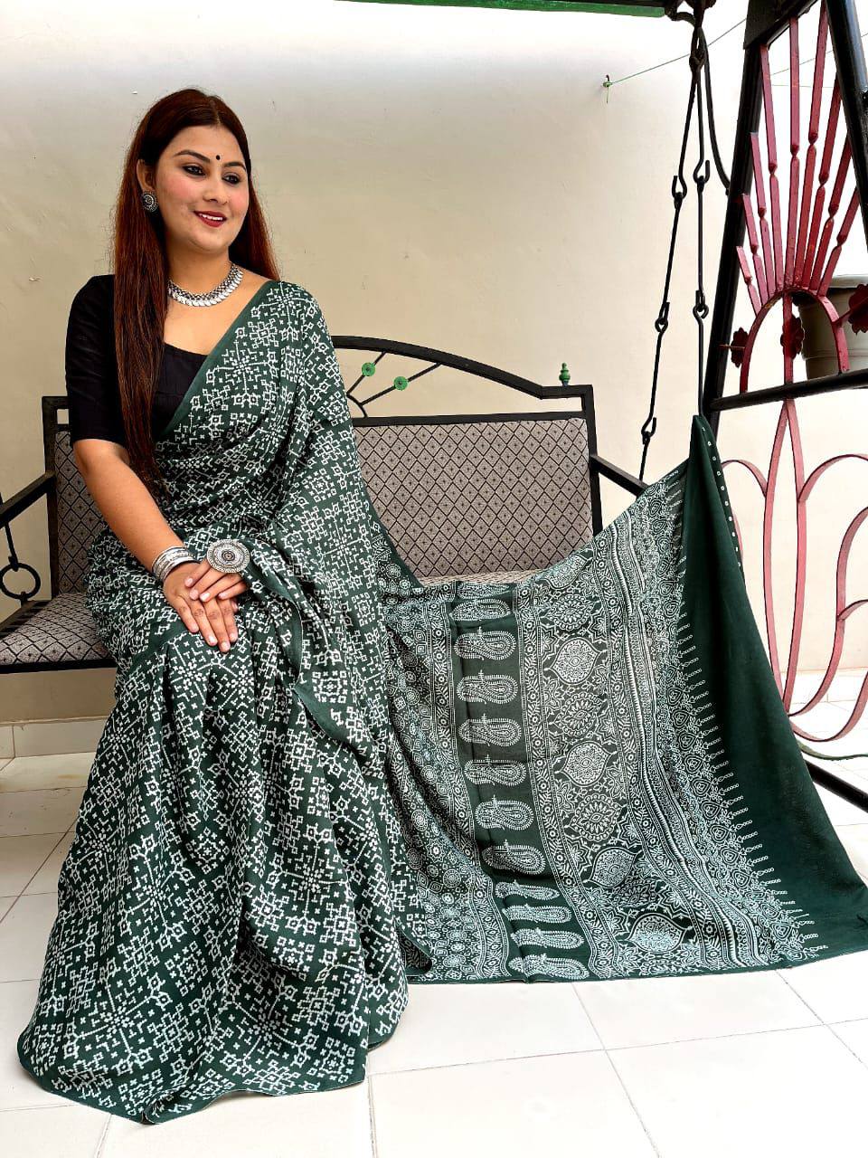 Classic Green Ajrakh Patterns Luxurious Saree
