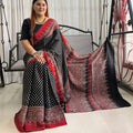 Traditional Ajrakh Saree Black Base Red Pallu Design