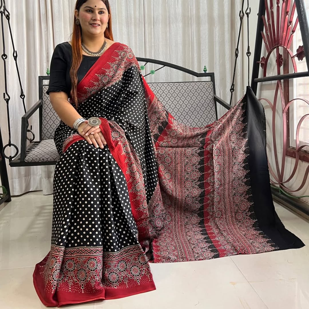 Traditional Ajrakh Saree Black Base Red Pallu Design