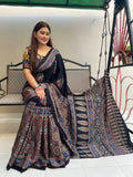 Classic Black Ajrakh Saree with Traditional Motifs