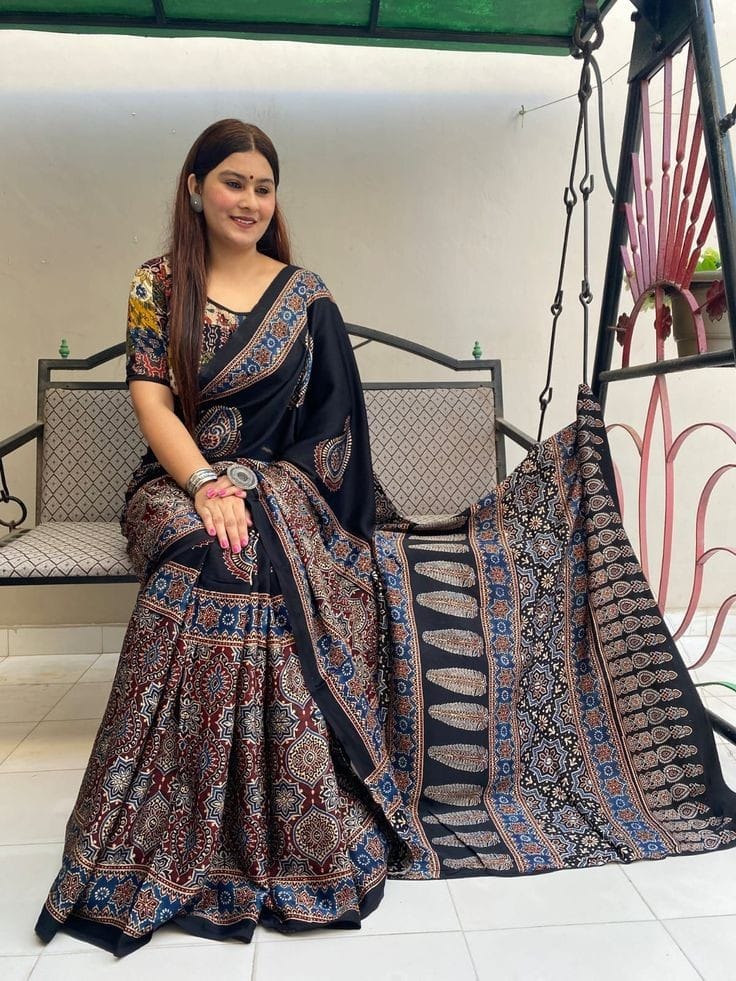 Classic Black Ajrakh Saree with Traditional Motifs