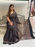 Premium Black Ajrakh Saree with Paisley and Floral Motifs