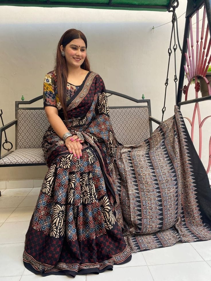 Elegant Black Ajrakh Saree with Geometric and Floral Patterns