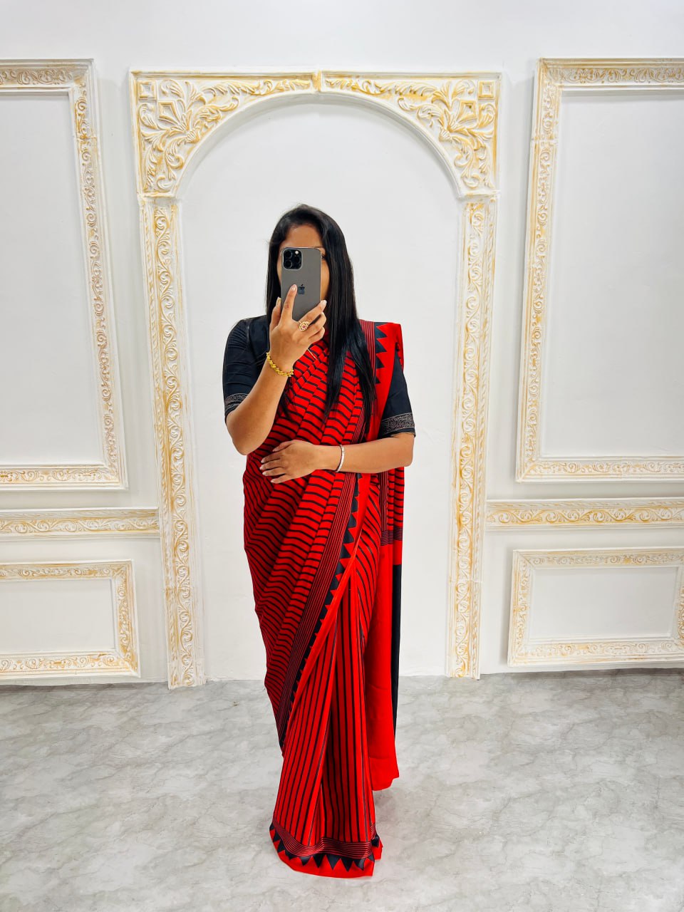 Red & Black Saree with Bold Red Circle Pallu – Modern Designer Look