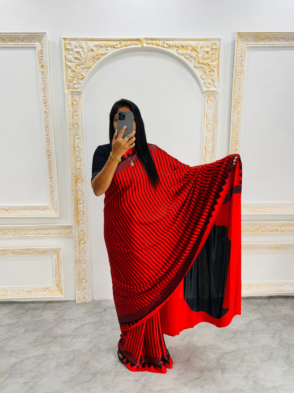 Red & Black Saree with Bold Red Circle Pallu – Modern Designer Look