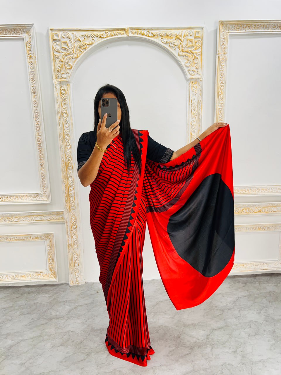 Red & Black Saree with Bold Red Circle Pallu – Modern Designer Look