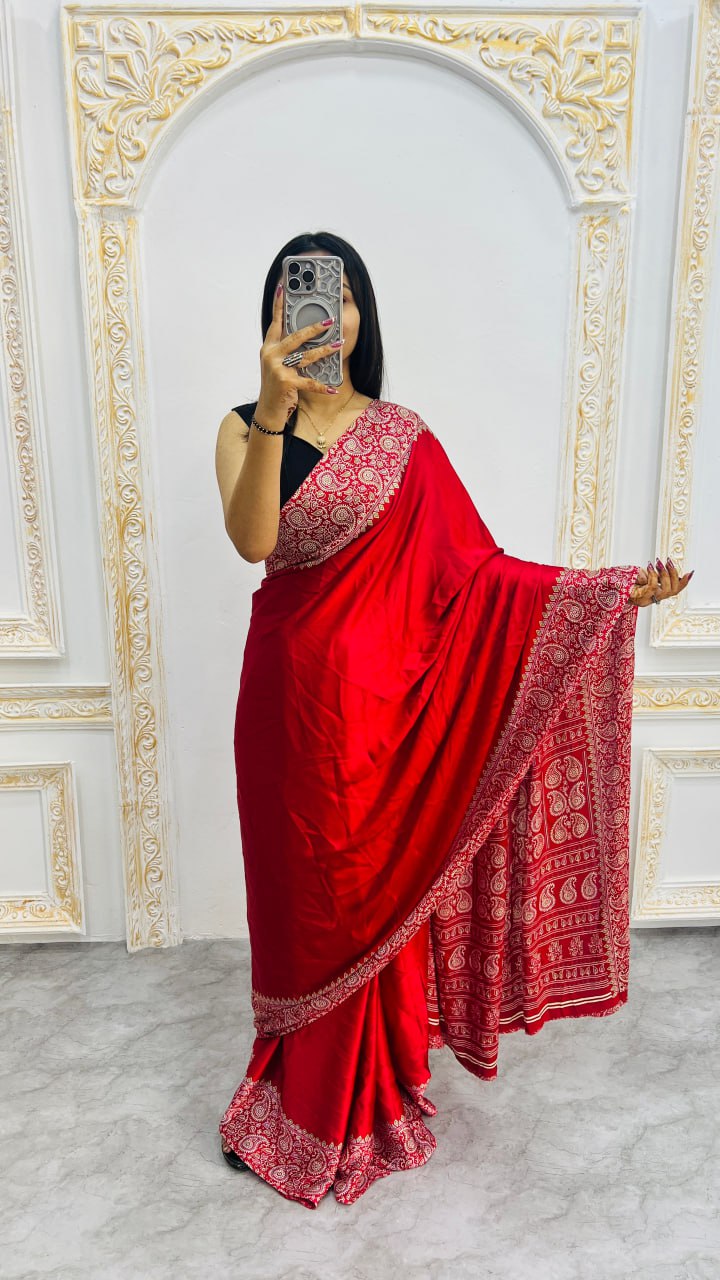 Premium Red Ajrakh Print Saree – Traditional Ethnic Elegance